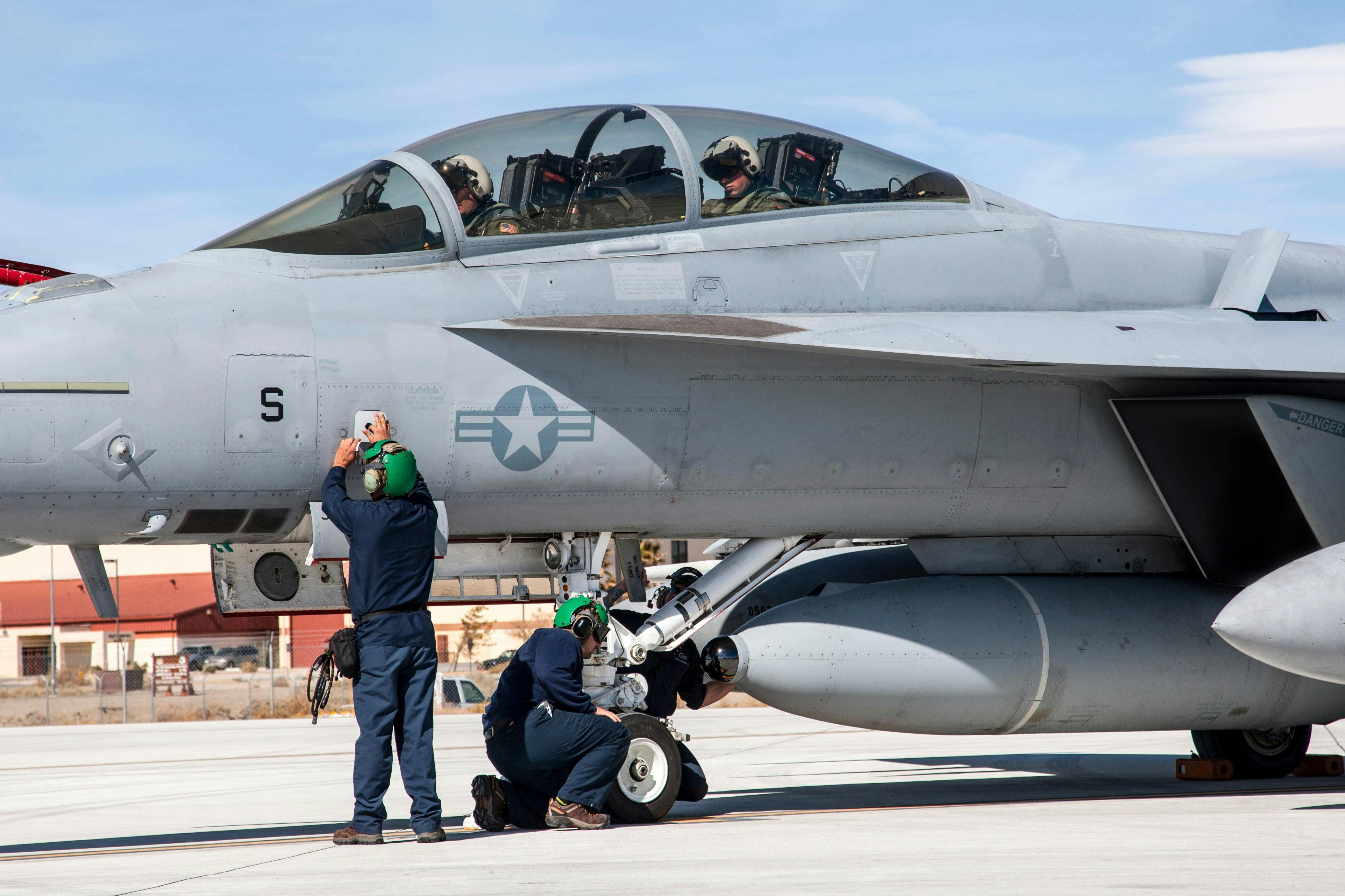 The Infrared Search and Track (IRST) mounted on a F/A-18F Super Hornet jet fighter-bomber at China Lake Naval Air Weapons Station, Calif.