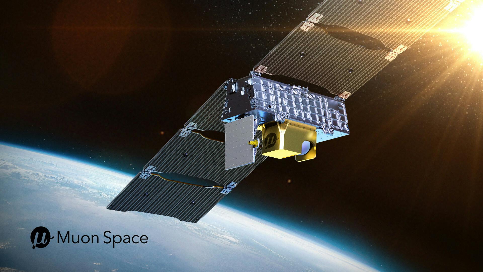 A rendering of Muon's satellite technology on orbit in space