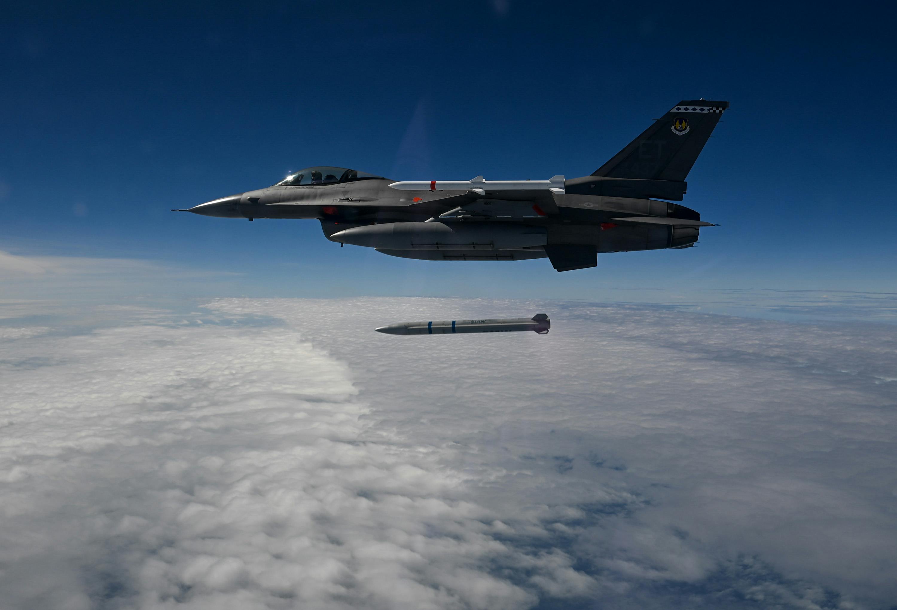 A 40th Flight Test Squadron F-16 Fighting Falcon releases a Stand-in Attack Weapon for the first time in late 2024 at Eglin Air Force Base, Fla.