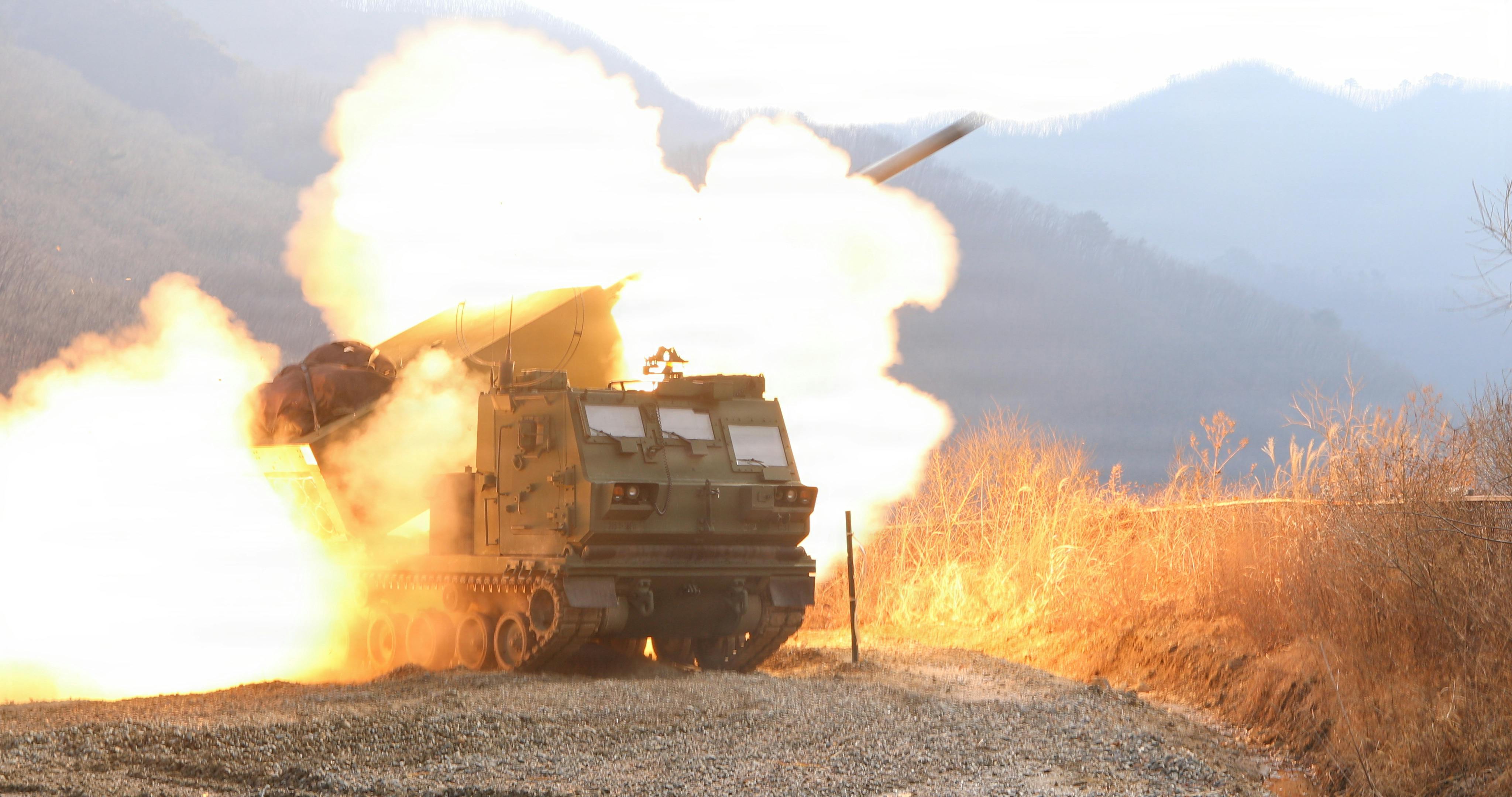 Charlie Battery 1-38 Field Artillery Regiment fires the first rocket from the new M270A2 Multi Launch Rocket System, becoming the first unit to use the new equipment in a live fire setting on the Korean Peninsula at Rocket Valley, South Korea, earlier this month.