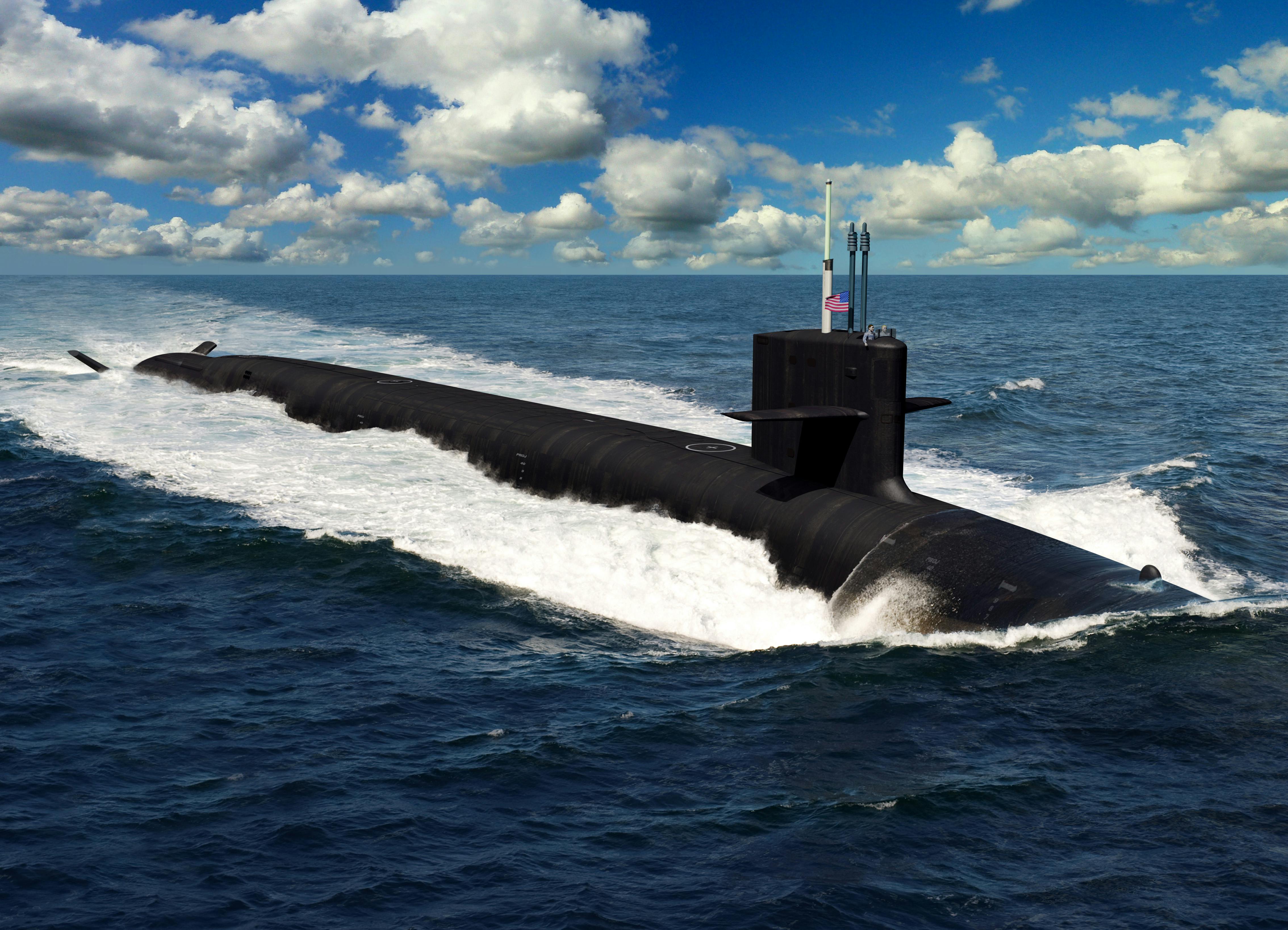 An artist rendering of a future Columbia-class ballistic missile submarine. The 12 submarines of the Columbia class will replace the Ohio-class submarines reaching maximum extended service life. The Navy expects to take delivery of the first boat of the class in 2028, and send it on patrol in 2031.