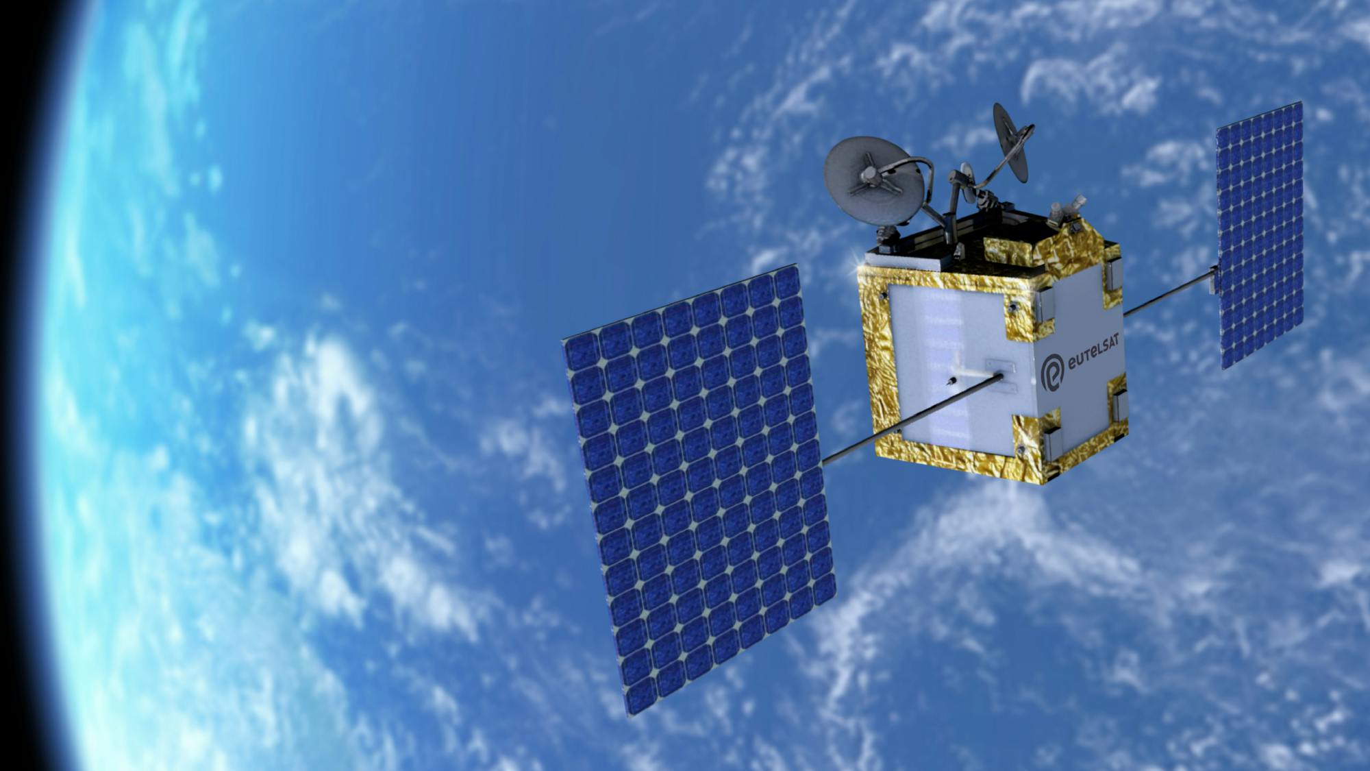 A rendering of a Eutelsat satellite in orbit above Earth