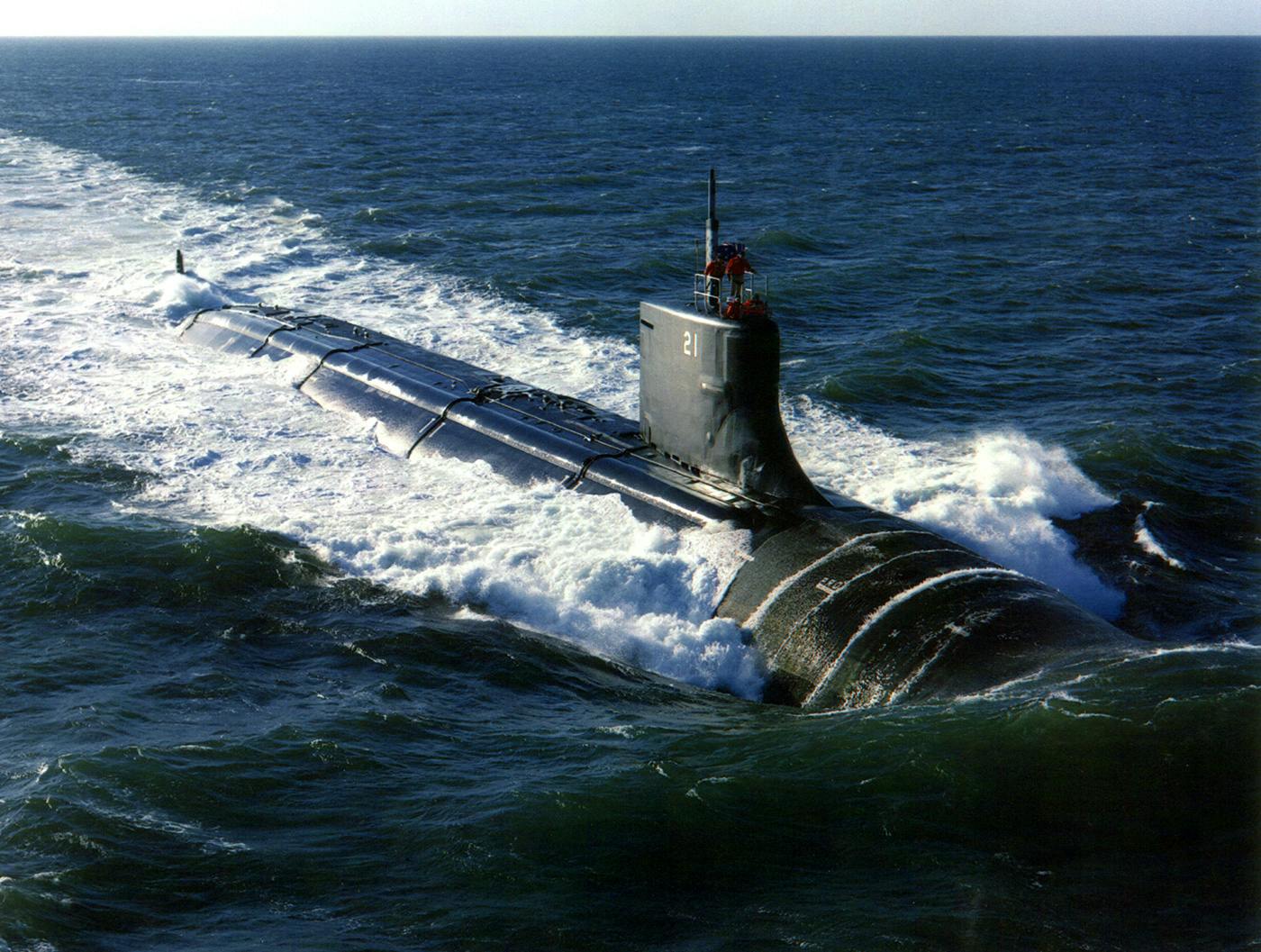 The fast attack submarine USS Seawolf (SSN 21) puts to sea in the Narragansett Bay operating area for her first at-sea trial operations in July 1996.