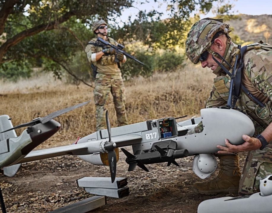 The Army AeroVironment P550 uncrewed aircraft has a 17-foot wingspan, is nine feet long, and can fly for as long as five hours with a longwave infrared reconnaissance sensor payload. Its data link works at distances from 25 to 37 miles.