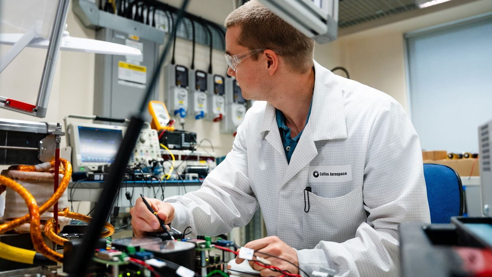 A Collins Aerospace engineer tests power conversion units for HECATE at Solihull. Collins Aerospace/RTX photo.