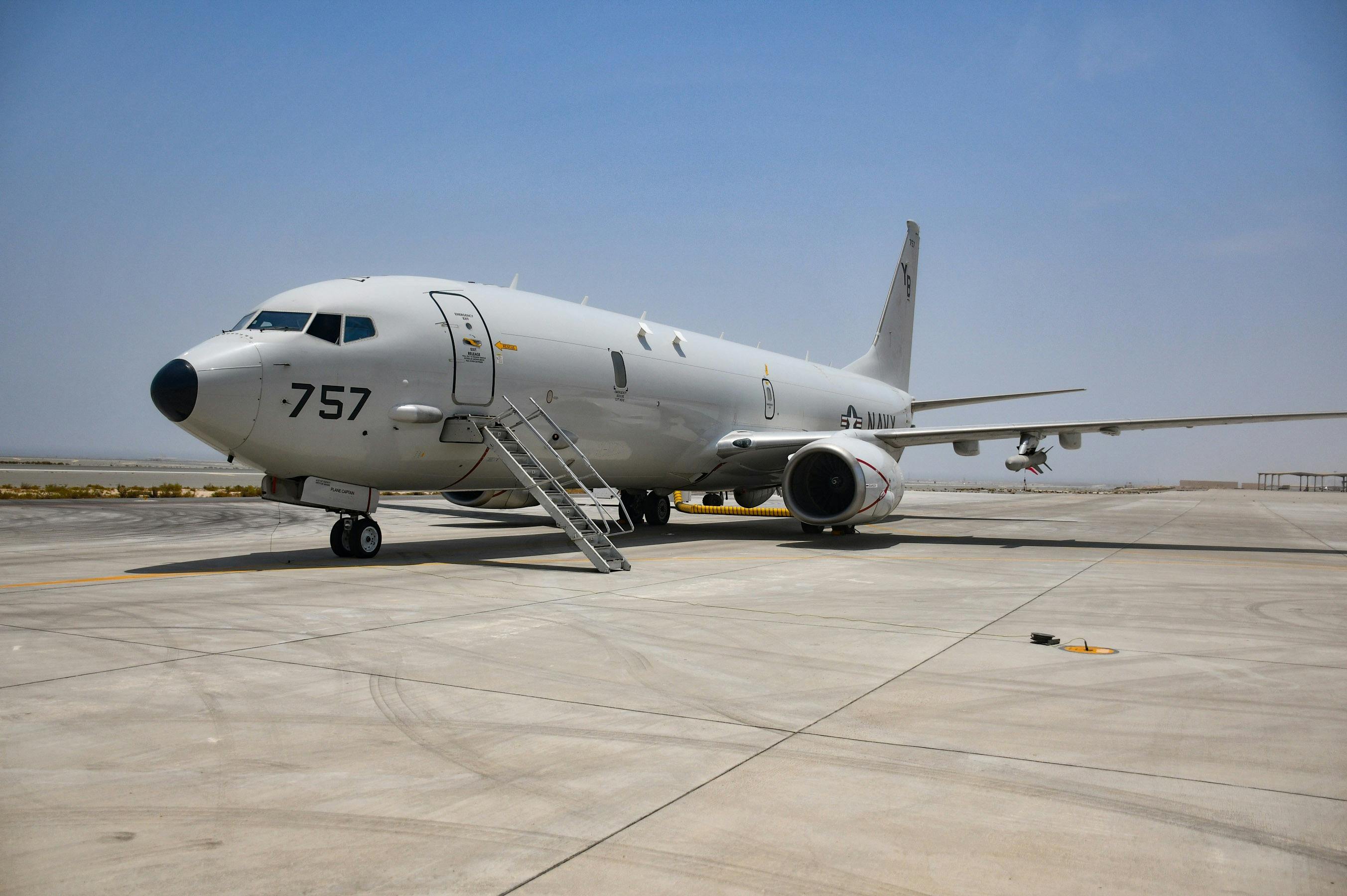 A P-8A Poseidon maritime patrol and reconnaissance aircraft, attached to the &ldquo;Screaming Eagles&rdquo; of Patrol Squadron 1, sits on a runway in the U.S. 5th Fleet area of operations during exercise Sentinel Shield. Navy photo.