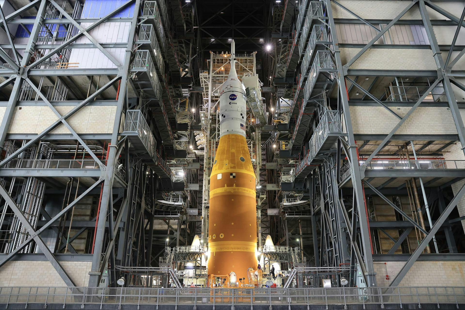 NASA&rsquo;s Artemis II Space Launch System rocket and Orion spacecraft, secured to the mobile launcher, stands vertical inside the Vehicle Assembly building on 17 March 2026, as preparations continued ahead of the 1 April launch. Credit: NASA/Kim Shifflett.