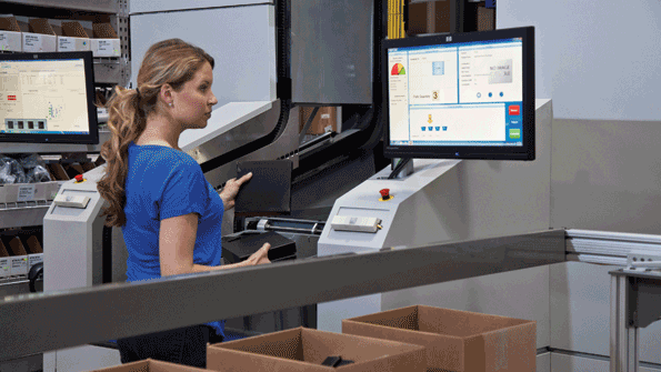 A picking monitor directs an operator to choose required items for an order and indicates where to place them
