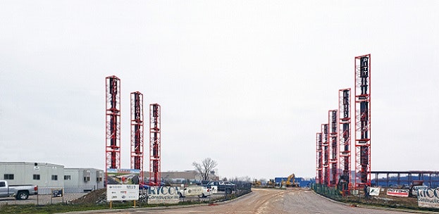 Seven WindStax horizontal wind turbines lilne the entrance to the shipping terminal under construction in Parma Ohio. Photo courtesy of WindStax