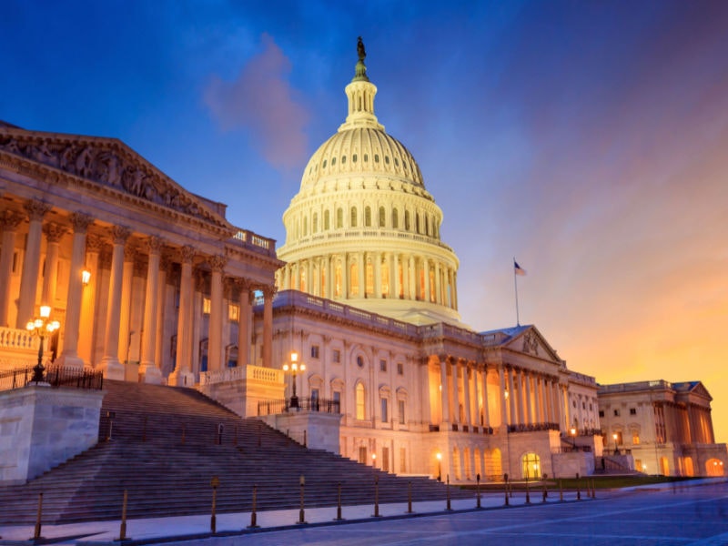 The United States Capitol building with the dome lit up at night. by f11photo/Shutterstock.com