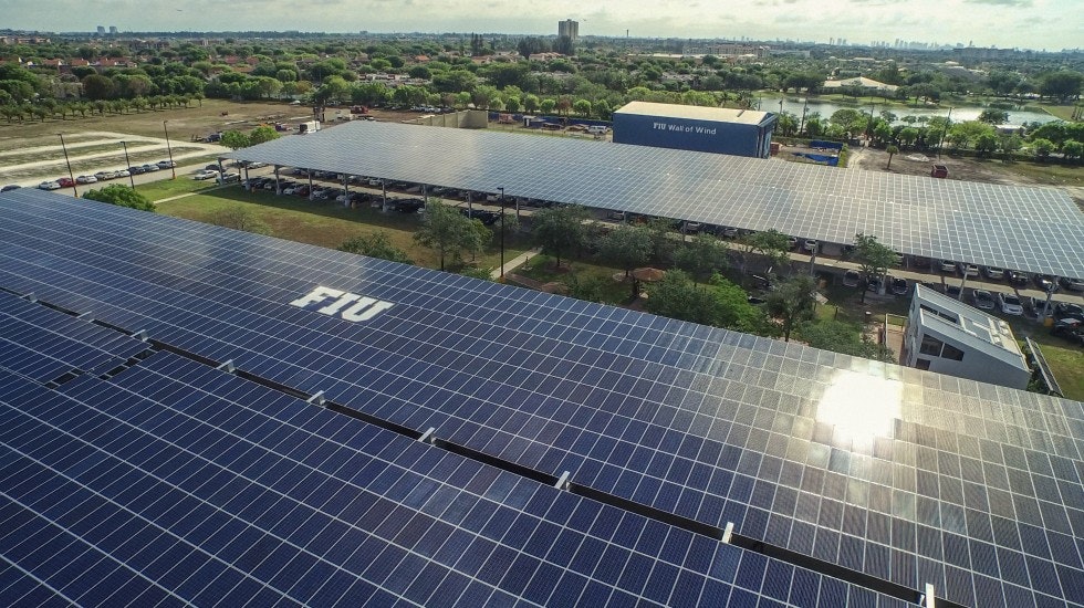 Microgrid solar array in front of wind tunnel at FIU, Miami.