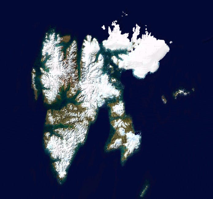 Satellite image of Svalbard. Public doman image courtesy Wikimedia Commons