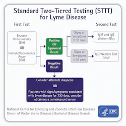 Figure 1. Standard Two-Tiered Testing Algorithm. Since 1994, this has been the standard for clinical serology testing for Lyme disease in the United States. Figure 1. Standard Two-Tiered Testing Algorithm. Since 1994, this has been the standard for clinical serology testing for Lyme disease in the United States.
