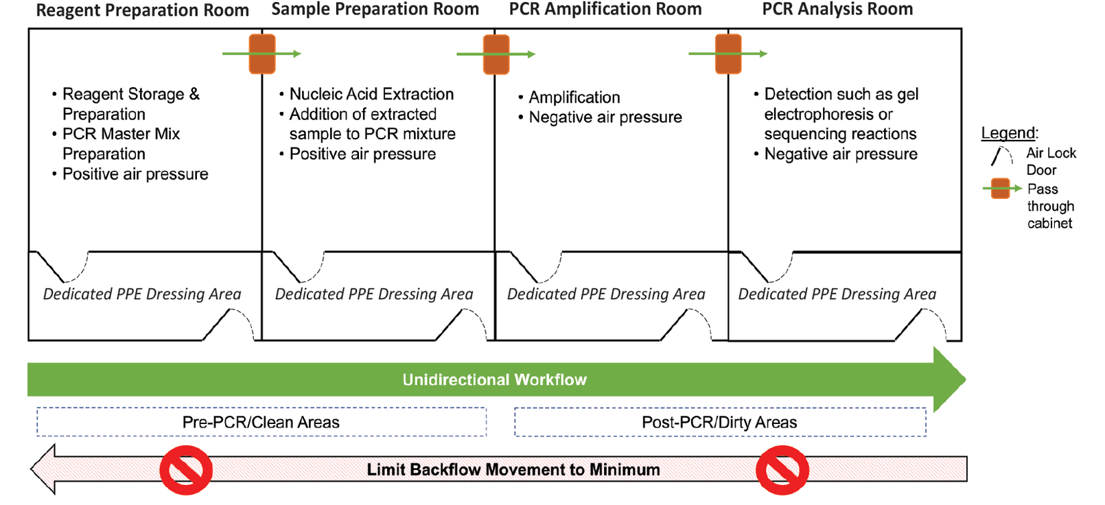 Ideal layout for a molecular laboratory to reduce contamination events. This layout ensures separation of clean reagents and equipment from exogenous DNA sources (i.e., samples and/or amplicon containing material).