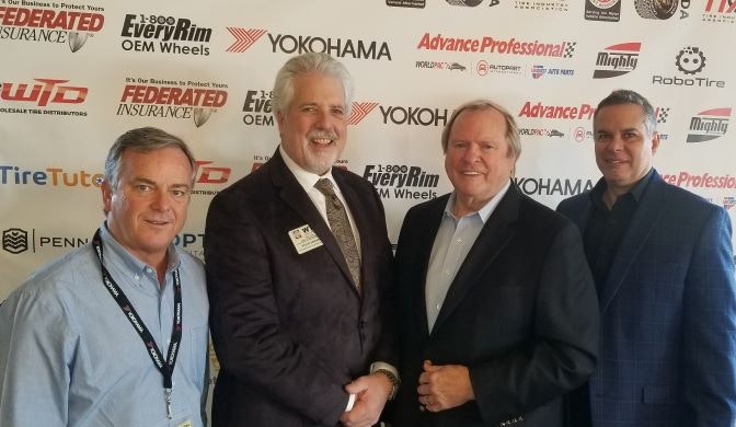 Guest speakers at the Jan. 26 California Tire Dealers Association (CTDA)/1-800 EveryRim New Year Luncheon included Steve Swanson, representing the SEMA Wheel & Tire Council (second from left), and Dick Gust, CEO of the Tire Industry Association (second from right.) They are flanked by CTDA President Chris Barry (far left) and CTDA Executive Director Marc Connerly (far right).