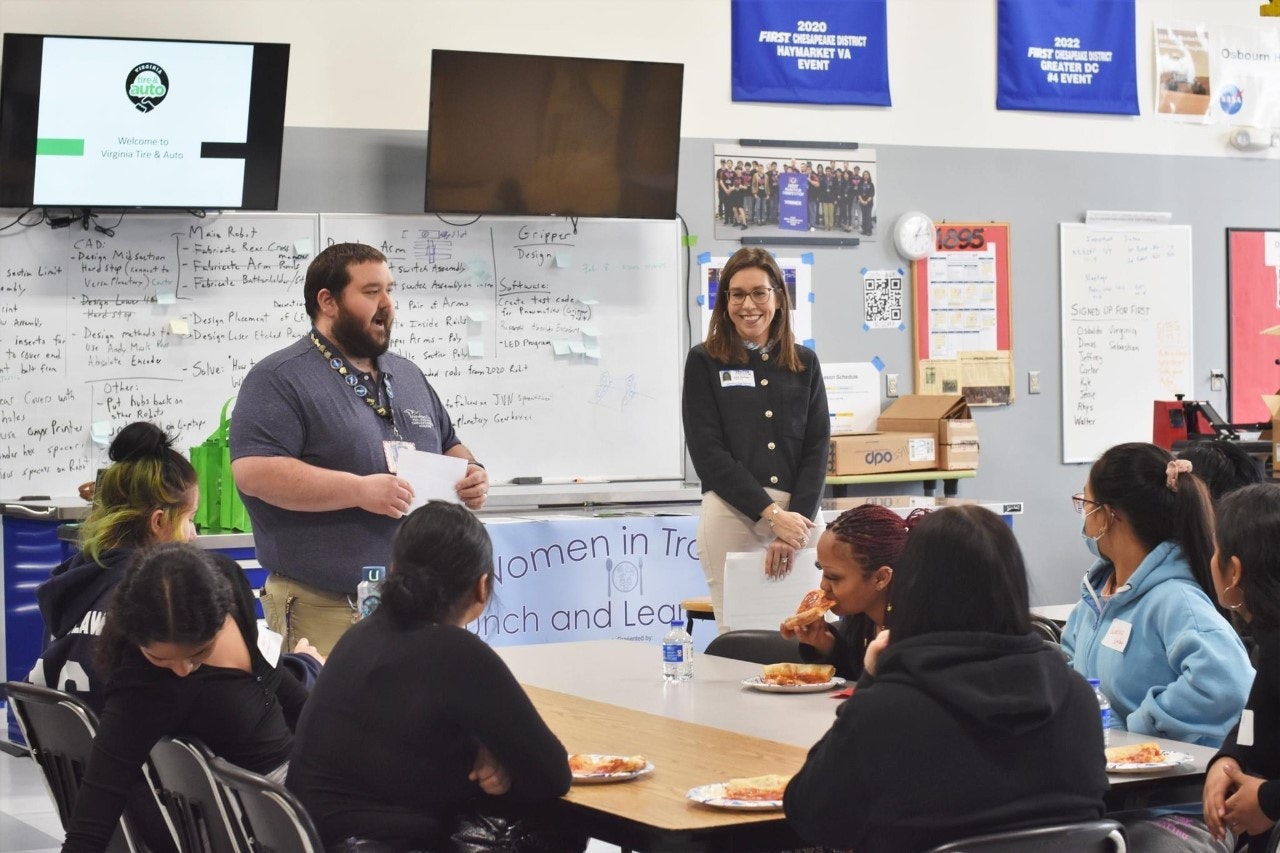 Julie Holmes, co-CEO of Virginia Tire & Auto, was invited by Eric Goldwin of Manassa City Schools to talk to female high-school students about the automotive industry at Osbourn High School in Manassas, Va.