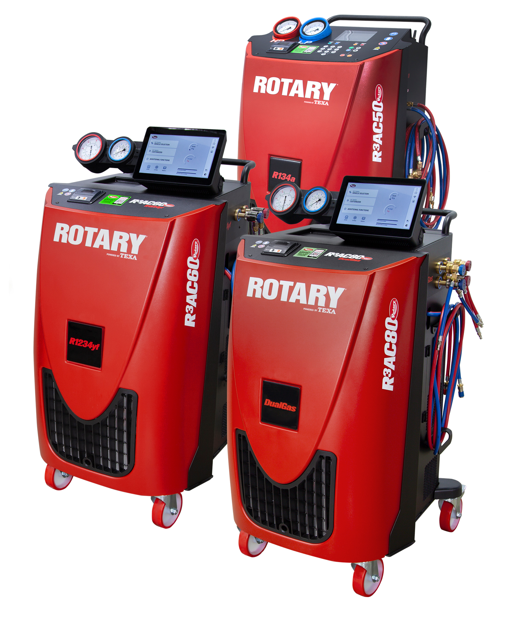 The Rotary brand of shop equipment extends to air conditioning recharging machines, with both single and dual-refrigerant options.