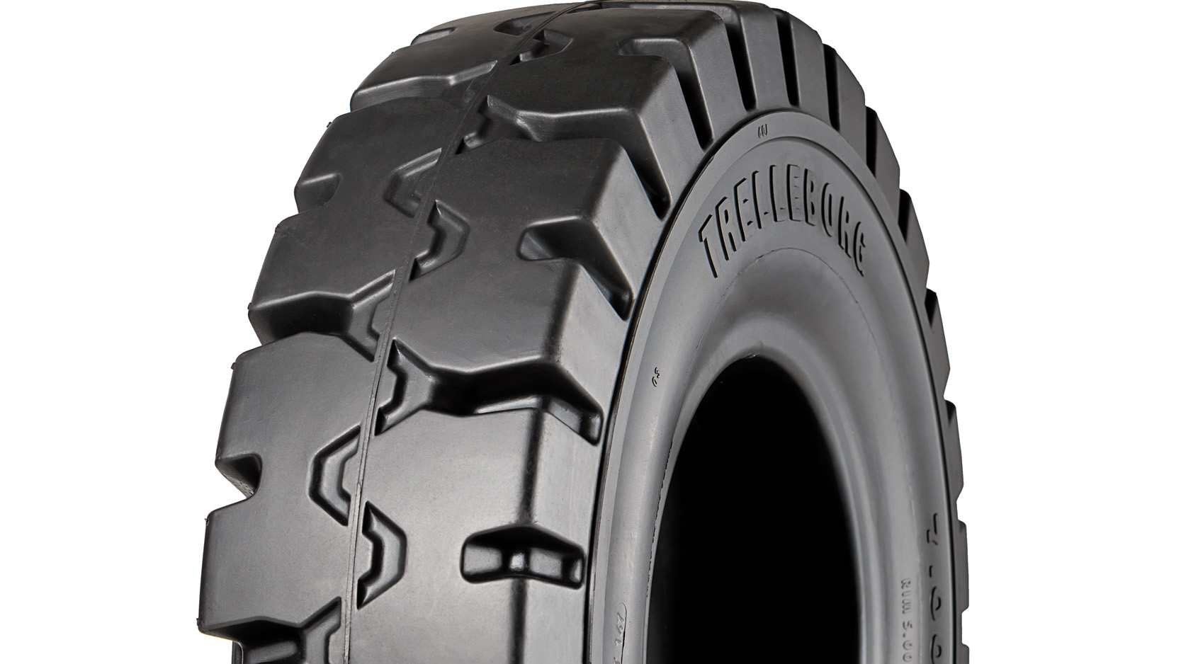 The XP900 block treads are designed with a large footprint for cornering and load positioning. The tire is available in two compounds -- multi-purpose or non-marking.