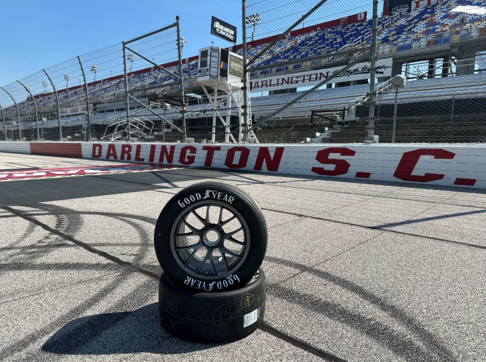 The vintage logo sidewall design features the Goodyear Wingfoot logo, originally created in 1898, and coincides with the special 75th anniversary NASCAR Throwback Weekend of races held at the Darlington Raceway.