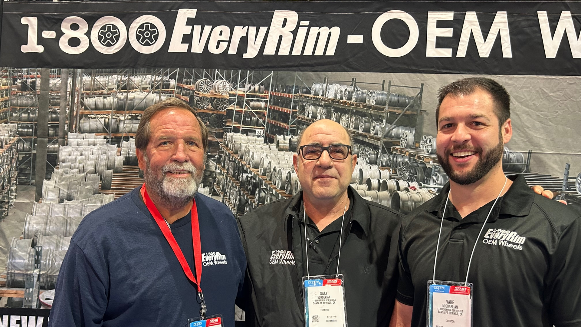 'We just took on an 8,000-square-foot building to expand our inventory,' says Billy Eordekian, president of 1-800EveryRim OEM Wheels (center, with Jamie Satre, left, and Vahe Michaelian, at the 2023 SEMA Show.)