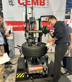 The SM1100 center-post tire changer “easily adapts to ultra-low-profile, run-flat tires, special custom rims and commercial wheels,” says CEMB officials. The SM1100 center-post tire changer “easily adapts to ultra-low-profile, run-flat tires, special custom rims and commercial wheels,” says CEMB officials.