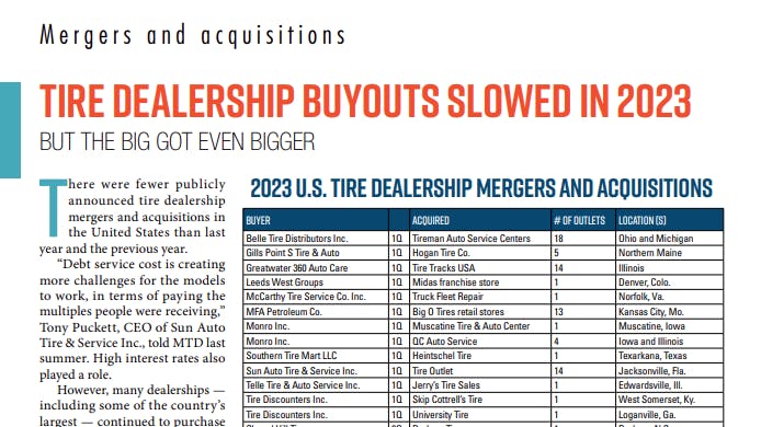 Based on store count, the biggest deal of the year was Mavis Tire Express Corp.&rsquo;s acquisition of nearly 600 NTB Tire and Service Centers and Tire Kingdom Service Centers from TBC Corp.