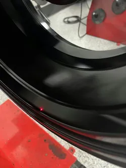 HP and UHP tires can be sensitive to the wheels on which they are mounted. That makes accurate rim runout measurements critical. Here, a laser is measuring the bead area. HP and UHP tires can be sensitive to the wheels on which they are mounted. That makes accurate rim runout measurements critical. Here, a laser is measuring the bead area.