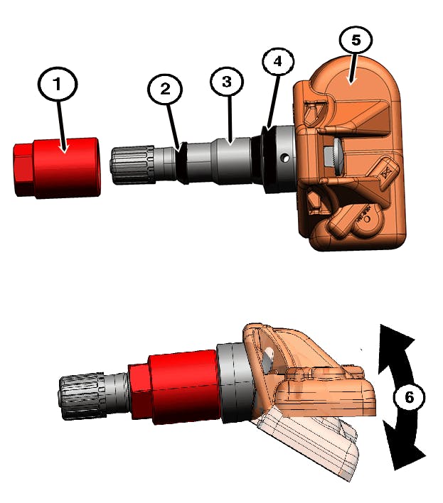 This diagram shows the elements of the TPMS sensor: 1 - Fastener Nut 2 - Plastic Ring 3 - Valve Stem 4 - Rubber Grommet 5 - Sensor Electronic 6 - Adjustable Angle