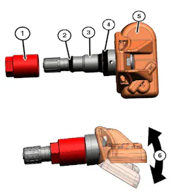 This diagram shows the elements of the TPMS sensor: 1 - Fastener Nut 2 - Plastic Ring 3 - Valve Stem 4 - Rubber Grommet 5 - Sensor Electronic 6 - Adjustable Angle This diagram shows the elements of the TPMS sensor: 1 - Fastener Nut 2 - Plastic Ring 3 - Valve Stem 4 - Rubber Grommet 5 - Sensor Electronic 6 - Adjustable Angle