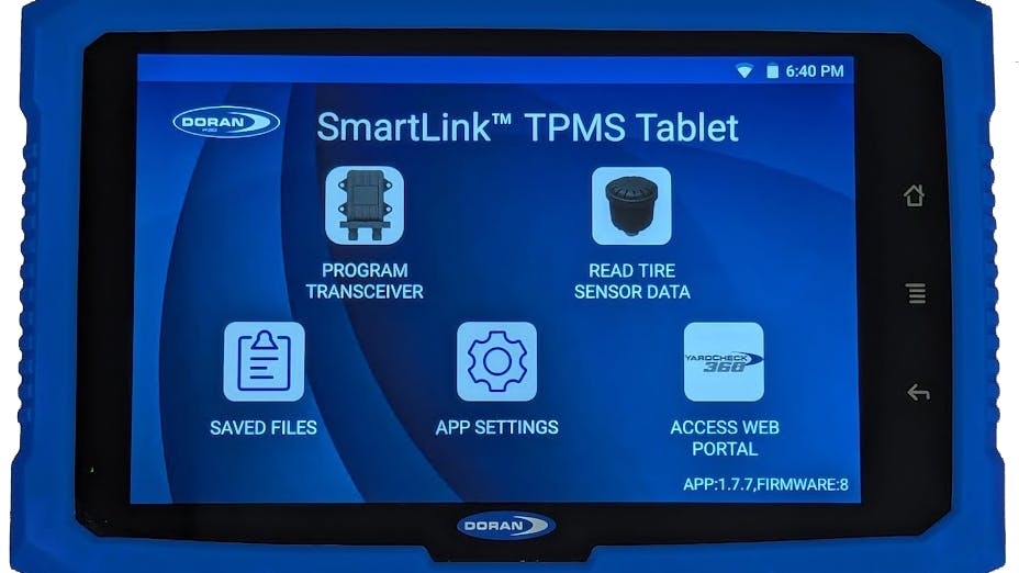 The Doran 360 SmartLink TPMS tablet is an Android-based device that communicates wirelessly with Doran 360OTR tire pressure sensors and other Doran OTR SmartLink solutions.