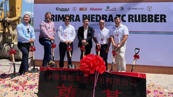 The groundbreaking ceremony was attended by more than 250 guests, including (L-R), Chan Phothisane, OTR national sales manager, ZC Rubber; Adam Waldrup from Dunlap & Kyle Co. Inc.; Nate Potts of Colony Tire Corp.; Henry Shen, vice president of ZC Rubber; Sean Wheeler of Colony Tire; and Wesley Hayes, general manager of Gateway Tire Southeast in Dothan, Ala.