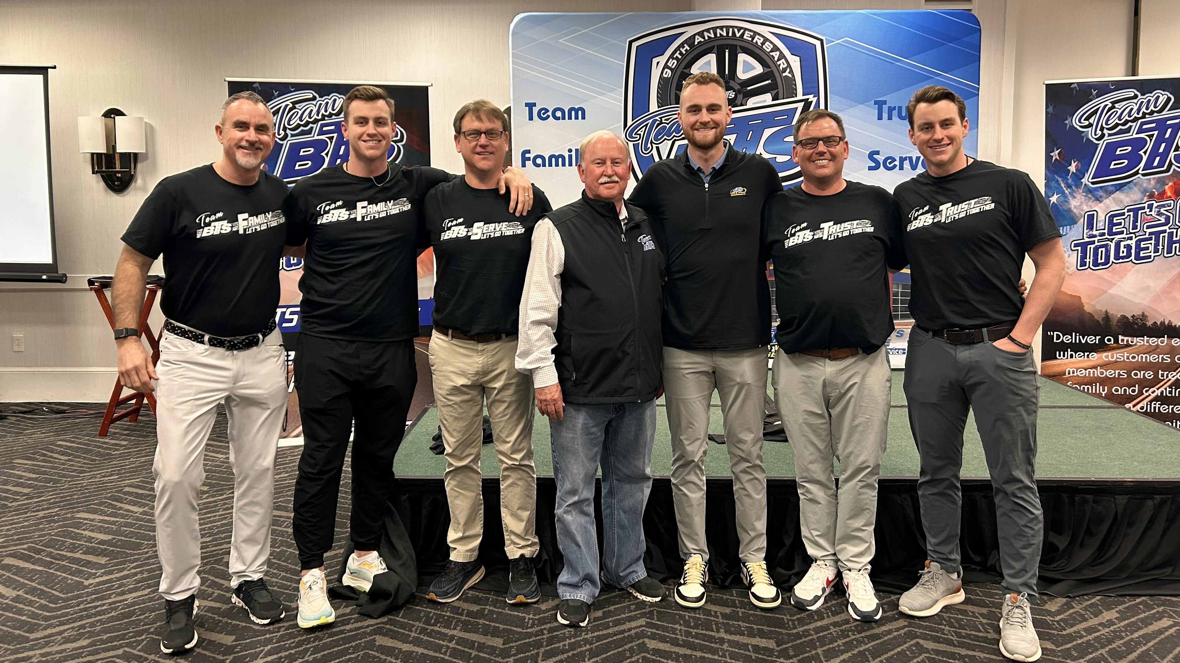 The Benton family highlighted their core values and what it takes to run a family-owned tire business at the recent Black&rsquo;s Tire Service/BTS Tire Distributors meeting in Myrtle Beach, S.C.. (From left to right, Rick Benton, Cody Benton, Ryan Benton, Ricky Benton, Trey Benton, Jeremy Benton and Cole Benton.)