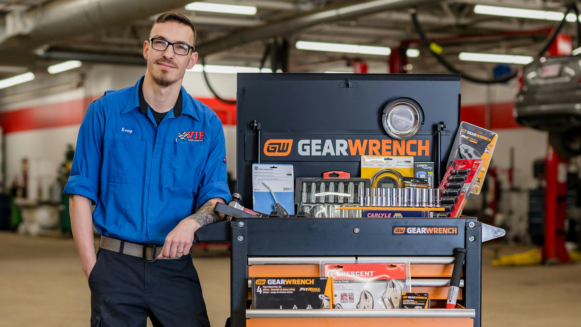 Korey St. Pierre is among the technicians at VIP Tire & Service who received a professional toolbox valued at $2,000 when he joined the tire dealership as an entry level technician. VIP says the toolbox program has helped it recruit and retain workers to staff its service bays.
