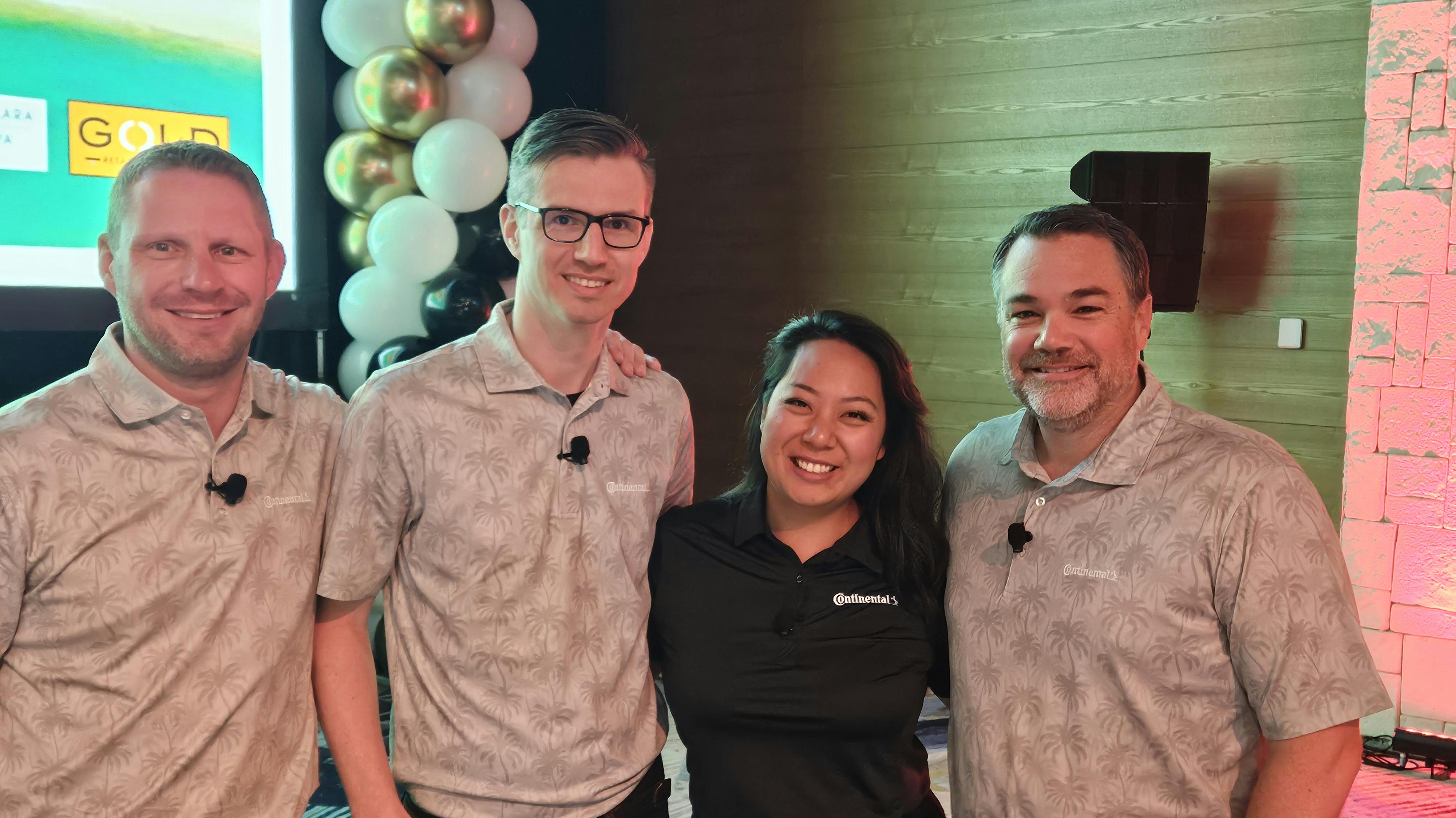 Chris Charity, vice president of sales for Continental Tire the Americas LLC (pictured, far right), told Gold Retailer meeting attendees that the program has about 2,500 dealers representing around 4,000 rooftops. (Also pictured, from left to right, Brian Beierwaltes, head of marketing for Continental; Bjoern Glaeser, head of product management for Continental; and Debbie Richards, Continental's head of programs and planning.)