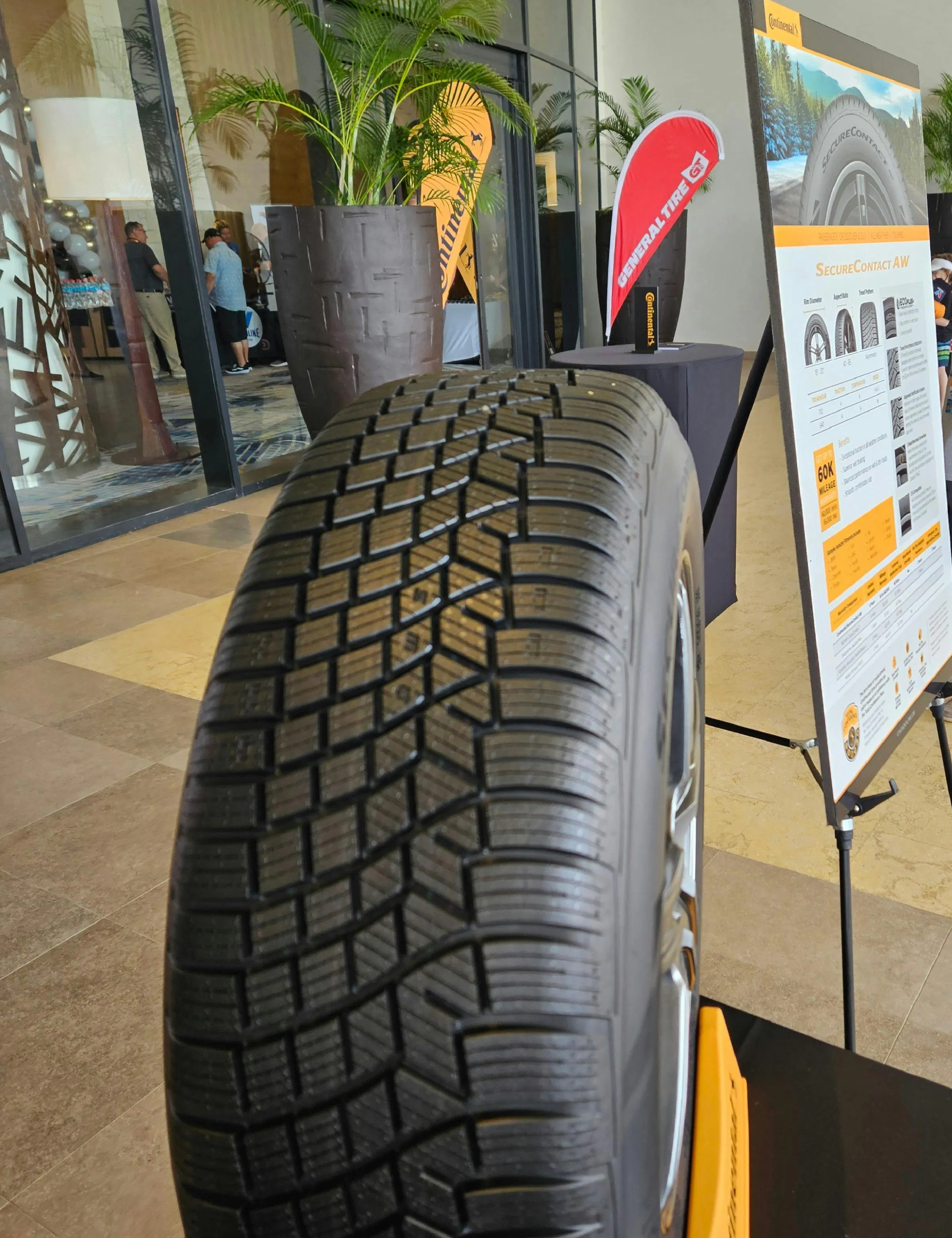 The Continental SecureContact AW (pictured), an all-weather touring tire designed for passenger, CUV and SUV vehicles, was one of several new tires that Continental Tire the Americas LLC unveiled during its recent Gold Retailer program group meeting. The Continental SecureContact AW (pictured), an all-weather touring tire designed for passenger, CUV and SUV vehicles, was one of several new tires that Continental Tire the Americas LLC unveiled during its recent Gold Retailer program group meeting.