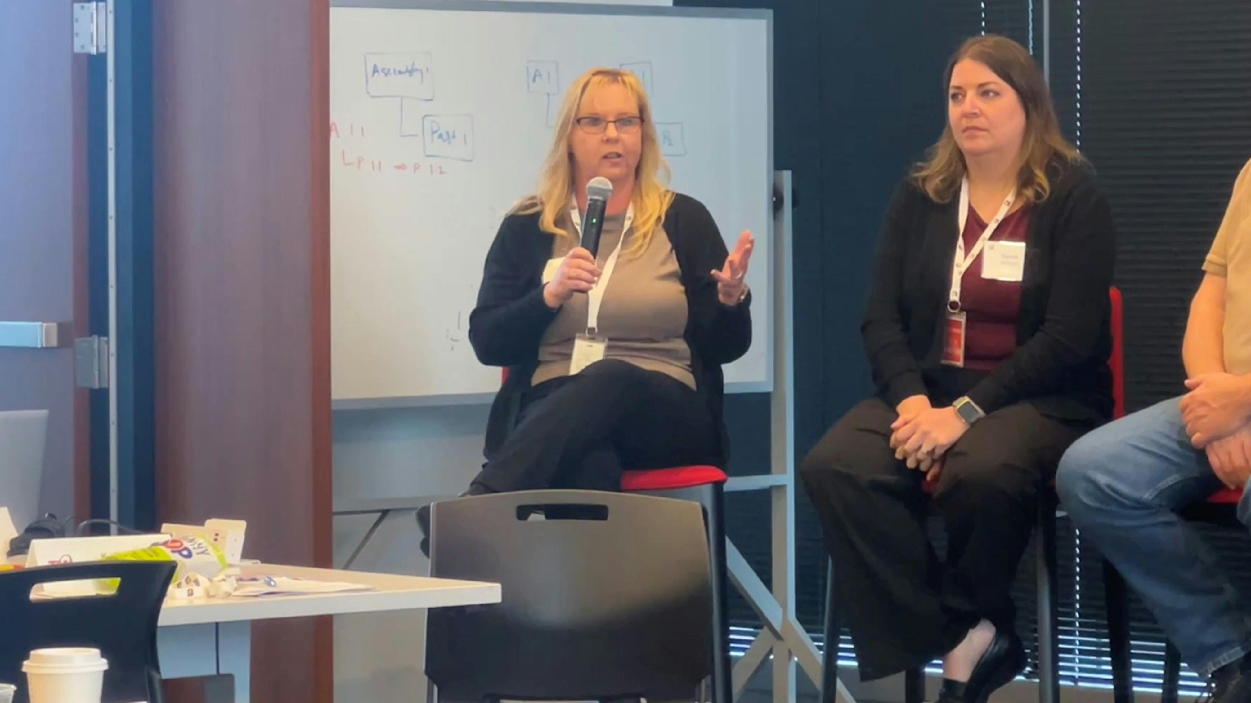 Dealers take turns fielding questions from their peers during panel discussions tailored to retail, commercial and off-the-road tire topics. Josephine Foley, left, manager of safety and fleet for Sullivan Tire and Auto Service, and Sarah Mason, right, safety manager for Fountain Tire, participated in the retail roundtable.