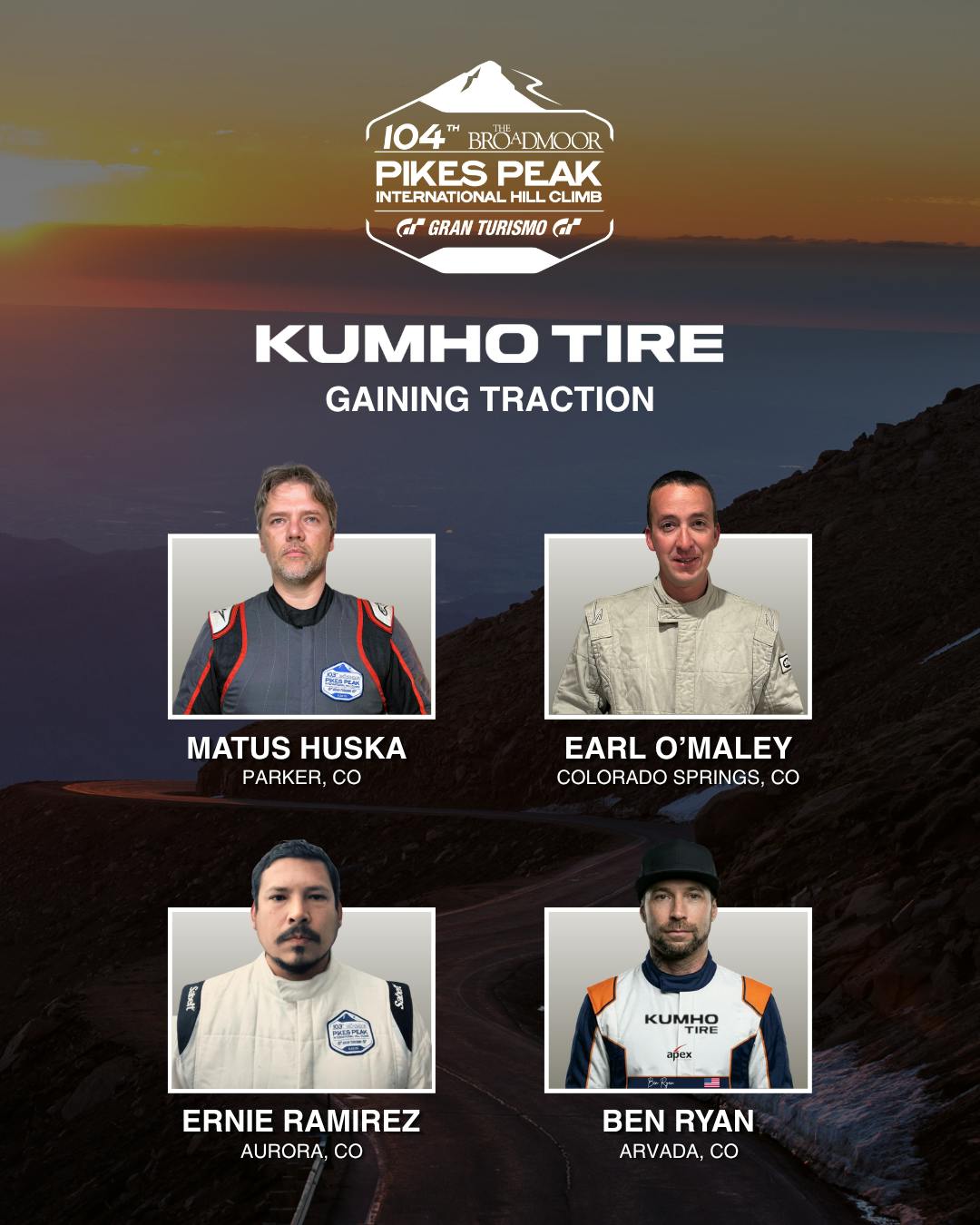 Matus Huska, Earl O&rsquo;Maley, Ernie Ramirez and Ben Ryan, each based in Colorado, 'have demonstrated strong growth potential through exceptional skill, passion and a fearless approach to the unique demands of racing on America&rsquo;s Mountain,' say Kumho officials.