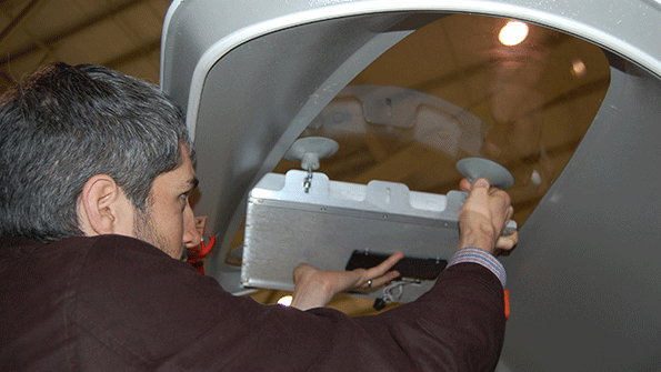 An Agile Aperture Antenna is placed in a window of an aircraft for a recent test flight All images courtesy of GTRI