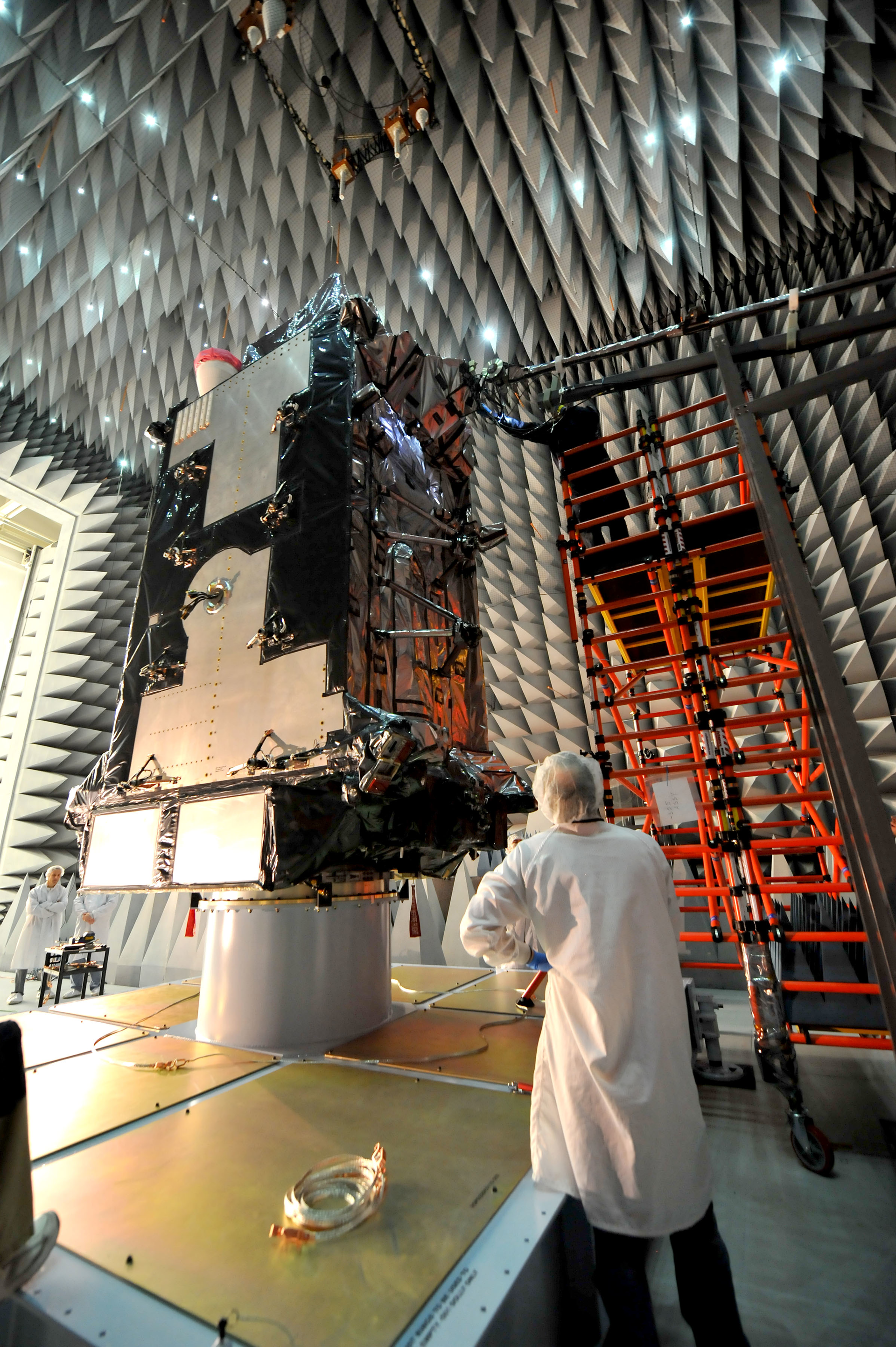 GPS III prototype in an anechoic chamber where it successfully completed a round a series of integration test procedures