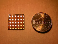 The circuit shown next to a penny for size comparison has 64 evenly spaced antennas that allow for additional chips to be aligned The circuit shown next to a penny for size comparison has 64 evenly spaced antennas that allow for additional chips to be aligned