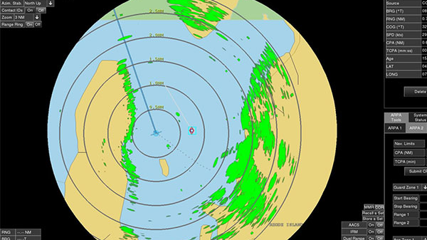 This display screen is an example of the operating system used with the AN/BPS submarine navigation radar by the U.S. Navy.