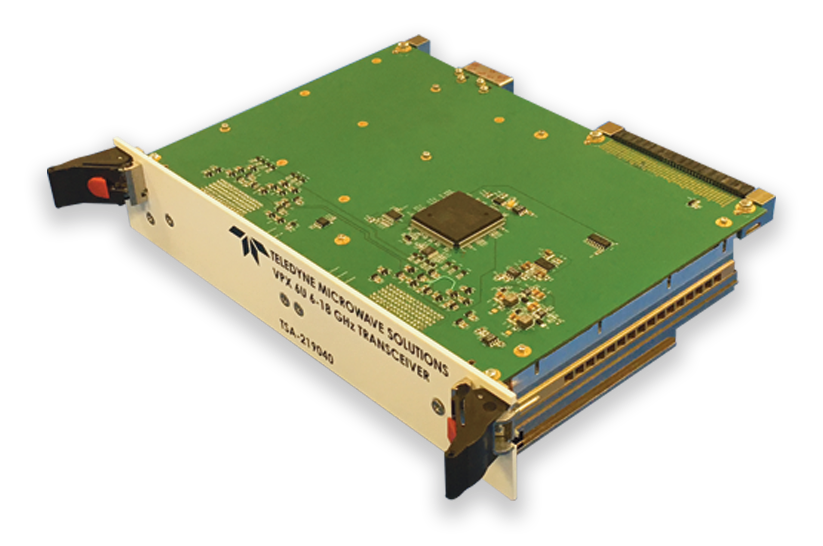 Model TSA-219040 is a 6U VPX transceiver with fast tuning and wide 1-GHz instantaneous bandwidth from 6 to 18 GHz.
