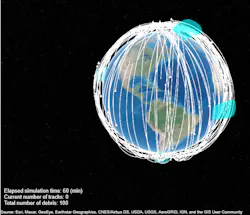 1. In this virtual globe all elements are defined in the scenario, including individual debris in their trajectories, radar coverage beams, radar detections, and radar tracks. 1. In this virtual globe all elements are defined in the scenario, including individual debris in their trajectories, radar coverage beams, radar detections, and radar tracks.