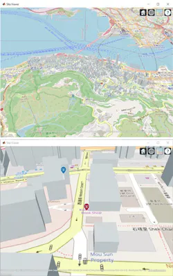 1. The top illustration shows a view of Hong Kong where the example is based. The bottom image is a zoomed-in view of the transmitter (blue) and user equipment (red). 1. The top illustration shows a view of Hong Kong where the example is based. The bottom image is a zoomed-in view of the transmitter (blue) and user equipment (red).