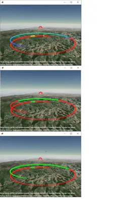 8. SNR along aircraft trajectory (top). Detectability across trajectory after pulse integration (center). Detectability after pulse integration and increase in transmit power (bottom). 8. SNR along aircraft trajectory (top). Detectability across trajectory after pulse integration (center). Detectability after pulse integration and increase in transmit power (bottom).
