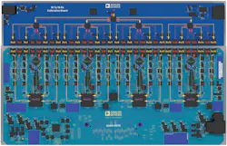 2. The test setup outputs transmit (red) signals, then combines all transmit signals using an attached 16-transmit/16-receive-channel calibration board. This combined signal is then evenly split and loops back into each receive (orange) channel. The 16-transmit/16-receive-channel calibration board is at the top of the image and mates to the separate Quad-MxFE platform used for this article. PLL/synthesizer signals (green) can be adjusted to correct for thermal impairments intentionally introduced on the platform. 2. The test setup outputs transmit (red) signals, then combines all transmit signals using an attached 16-transmit/16-receive-channel calibration board. This combined signal is then evenly split and loops back into each receive (orange) channel. The 16-transmit/16-receive-channel calibration board is at the top of the image and mates to the separate Quad-MxFE platform used for this article. PLL/synthesizer signals (green) can be adjusted to correct for thermal impairments intentionally introduced on the platform.