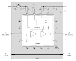 3. The schematic shows that only a few discrete passive components are needed; the J4 to J5 connection provides a straight-through path needed for test and calibration. 3. The schematic shows that only a few discrete passive components are needed; the J4 to J5 connection provides a straight-through path needed for test and calibration.