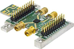 1. The ADTR1107 FE IC, shown mounted on an evaluation board, packs support for 6- to 18-GHz radios into a 5- × 5-mm LGA package. 1. The ADTR1107 FE IC, shown mounted on an evaluation board, packs support for 6- to 18-GHz radios into a 5- × 5-mm LGA package.