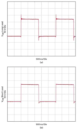 9. Shown is a switch-node waveform measured with a standard scope probe ground lead (a) and with pigtail connections (b). 9. Shown is a switch-node waveform measured with a standard scope probe ground lead (a) and with pigtail connections (b).