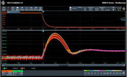 Measurement of a voltage overshoot on a 160-A load step with the A/B/R sequence trigger Measurement of a voltage overshoot on a 160-A load step with the A/B/R sequence trigger